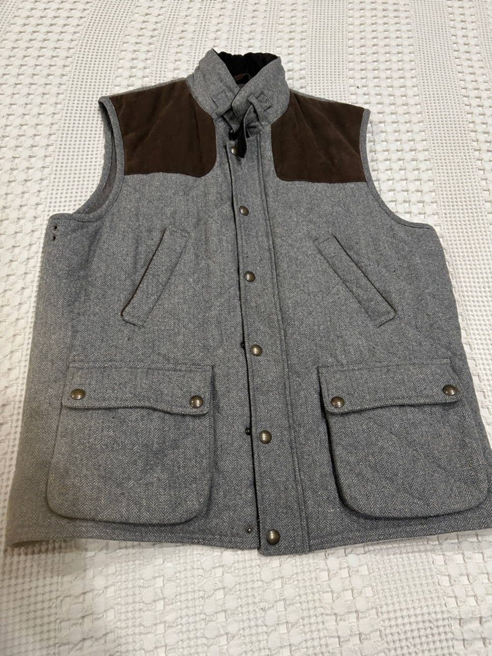 Men's Gray Herringbone Wool Vest with Brown Suede Yoke